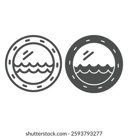 Cabin window with water waves line and solid icon, cruise ship interior concept. Vector graphics. Round window with sea wave sign on white background, outline style icon for mobile or web design