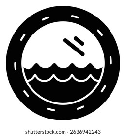 Cabin window with water waves solid icon, cruise ship interior concept. Vector graphics. Round window with sea wave sign on white background, style mobile or design