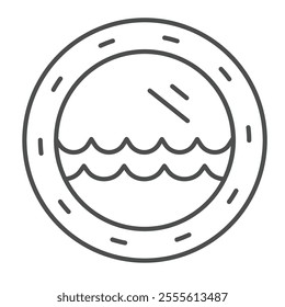 Cabin window with water waves thin line icon, cruise ship interior concept. Vector graphics. Round window with sea wave sign on white background, outline style icon for mobile or web design