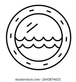 Janela da cabine com ondas de água ícone de linha fina, conceito interior do navio de cruzeiro. Gráficos vetoriais. Janela redonda com sinal de onda do mar no fundo branco, móvel estilo ou design