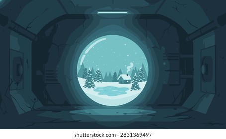 Cabin in a winter forest scene inside a glowing glass sphere rests within a dark industrial bunker featuring ventilation fans and cracked walls.