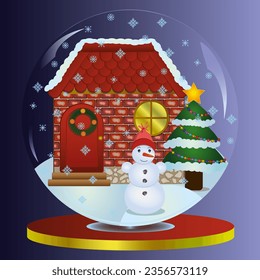 the cabin in winter, garlands on the tree, snowman in a hat, snow falls, star at the top of the tree, the star is burning on the tree, christmas glass ball 
