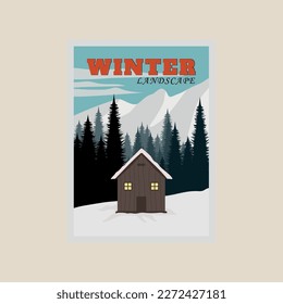 Cabin-Winterlandschaft Vektorgrafik-Poster-Design Schneehintergrund flaches Design