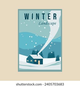 Kabinenlandschaft im Winter, Vektorgrafik-Poster-Design, schneebedeckter Hintergrund, Vintage-Design