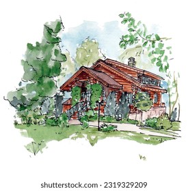 Hütte im Wald, Wald, Holzhaus, Landhaus, Berghütte. Aquarell-Skizzengrafik. Einziger Vektor.