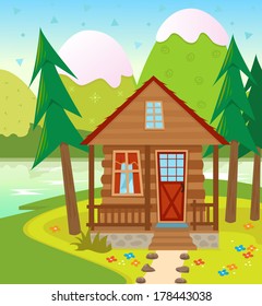 Cabin - A Cabin in the woods with a lake and snow capped mountains in the background. Eps10