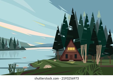 Cabin in the Woods - Landscape Illustration