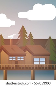 Cabin in Woods Near a Lake - Vector Illustration