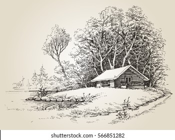 Cabin in the woods near river banks hand drawing