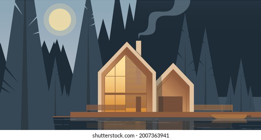 Cabin in a woods. Night Pond and a Boat. Contemporary residential architecture, abstract flat vector illustration. Background mockup for landing page, banner or postcard design.