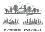 Cabin in woods pine forest linear vector nature illustration isolated on white, log cabin cottage for rest, holidays and vacations theme line art drawing, beauty in nature, woodhouse resort.