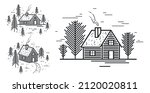 Cabin in woods pine forest linear vector nature illustration isolated on white, log cabin cottage for rest, holidays and vacations theme line art drawing, beauty in nature, woodhouse resort.