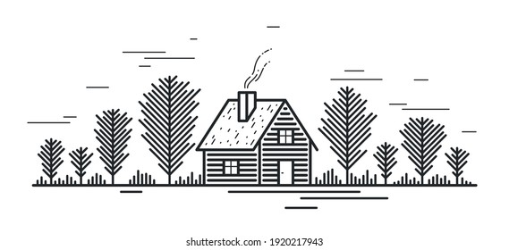 Cabin in woods pine forest linear vector nature illustration isolated on white, log cabin cottage for rest, holidays and vacations theme line art drawing, beauty in nature, woodhouse resort.