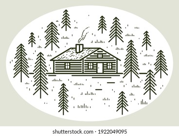Cabin in woods pine forest linear vector nature illustration isolated on white, log cabin cottage for rest, holidays and vacations theme line art drawing, beauty in nature, woodhouse resort.