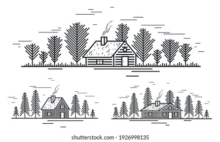 Cabin in woods pine forest linear vector nature illustration isolated on white, log cabin cottage for rest, holidays and vacations theme line art drawing, beauty in nature, woodhouse resort.