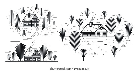 Cabin in woods pine forest linear vector nature illustration isolated on white, log cabin cottage for rest, holidays and vacations theme line art drawing, beauty in nature, woodhouse resort.