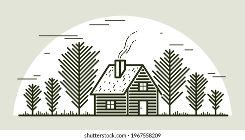 Cabin in woods pine forest linear vector nature illustration isolated on white, log cabin cottage for rest, holidays and vacations theme line art drawing, beauty in nature, woodhouse resort.