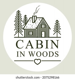 Cabin in woods pine forest linear vector nature emblem isolated on white, log cabin cottage for rest, holidays and vacations theme line art logo, beauty in nature, woodhouse resort.