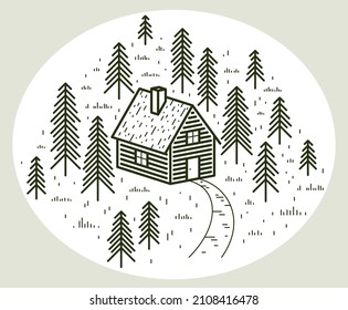 Cabin in woods pine forest linear vector nature illustration isolated on white, log cabin cottage for rest, holidays and vacations theme line art drawing, beauty in nature, woodhouse resort.