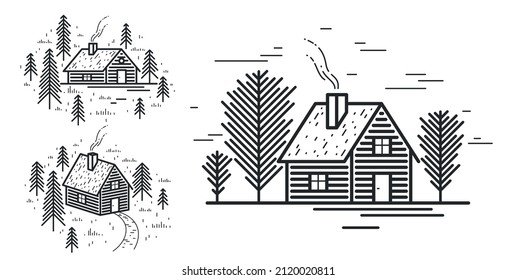 Cabin in woods pine forest linear vector nature illustration isolated on white, log cabin cottage for rest, holidays and vacations theme line art drawing, beauty in nature, woodhouse resort.