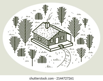 Cabin in woods pine forest linear vector nature illustration isolated on white, log cabin cottage for rest, holidays and vacations theme line art drawing, beauty in nature, woodhouse resort.