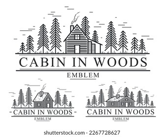 Cabin in woods pine forest linear vector nature emblem isolated on white, log cabin cottage for rest, holidays and vacations theme line art logo, beauty in nature, woodhouse resort.