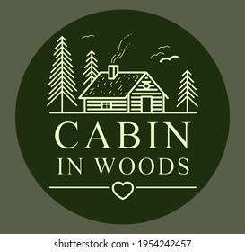 Cabin in woods with pine trees linear vector nature emblem on dark, log cabin cottage for rest, holidays and vacations theme line art drawing, woodhouse resort logo.