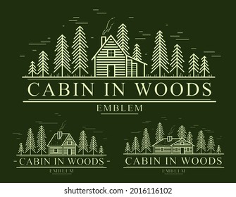 Cabin in woods with pine trees linear vector nature emblem on dark, log cabin cottage for rest, holidays and vacations theme line art drawing, woodhouse resort logo.