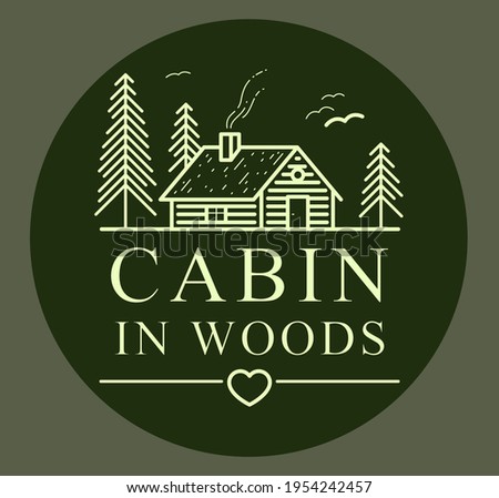 Cabin in woods with pine trees linear vector nature emblem on dark, log cabin cottage for rest, holidays and vacations theme line art drawing, woodhouse resort logo.