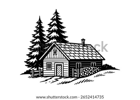Cabin in the Woods Vector Illustration with Pine Trees and Woodpile Scene