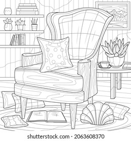 Cabinet. Armchair with cushions interior.Coloring book antistress for children and adults. Illustration isolated on white background.Zen-tangle style. Hand draw