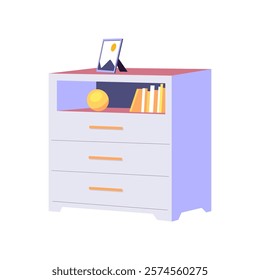 Cabinet with books and a photo frame on an isolated background. Vector illustration in a flat style