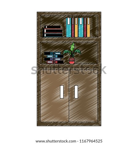 Cabinet with books and plant pot scribble