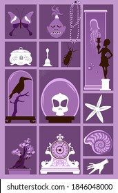 Cabinet of curiosities with a collection of weird and exotic objects, EPS 8 vector illustration