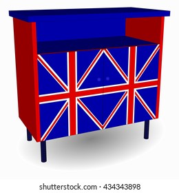 Cabinet decorated with the flag of Great Britain.  Furniture for Interior. Flat style.  Vector illustration on a white background.