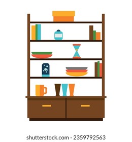 Cabinet with dishes, recipe books for kitchen flat vector icon. Cartoon drawing or illustration of furniture or element for apartment or house on white background. Interior design, furniture concept