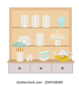 A cabinet with dishes with a vector illustration of dishes. Shelves in the kitchen. Assortment of glass jars with cereals on the shelves. Isolated on a white background.