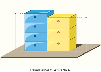 Cabinet with doors and drawers. Coffee table with drawers. Two different coffee tables and cabinets against the wall. Mathematics, geometry, physics.