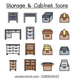 Cabinet, Drawer, Table and Storage icon set in color line style