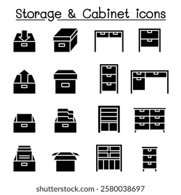 Cabinet, Drawer, Table and Storage icon set in glyph style