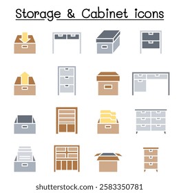 Cabinet, Drawer, Table and Storage icon set in flat color style