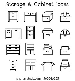 Cabinet, Drawer, Table & Storage icon set in thin line style
