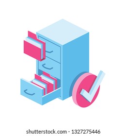 Cabinet files Check mark. Vector 3d isometric color icon new flat style. Creative illustration, idea for infographics.