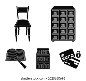 Cabinet with filing cabinet, chair, shelves, information search. Library and bookstore set collection icons in black style vector symbol stock illustration web.