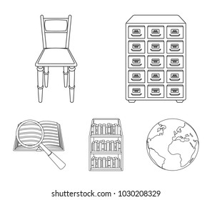 Cabinet with filing cabinet, chair, shelves, information search. Library and bookstore set collection icons in outline style vector symbol stock illustration web.