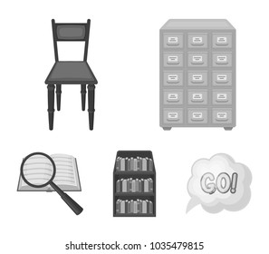 Cabinet with filing cabinet, chair, shelves, information search. Library and bookstore set collection icons in monochrome style vector symbol stock illustration web.