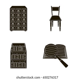 Cabinet with filing cabinet, chair, shelves, information search. Library and bookstore set collection icons in black style vector symbol stock illustration web.