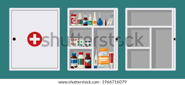 Cabinet first aid kit with open\
and closed door. Empty and full medical cabinet, vector\
illustration in cartoon style. White first aid kit on a green\
background.