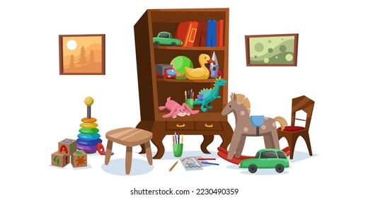 Gabinete lleno de libros y juegos de ilustraciones vectoriales de juguetes. Acogedor interior de una sala para niños con armario con juguetes y cuadros. Concepto de infancia