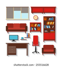 Cabinet furniture and objects set with long shadows. Flat style vector illustration.
